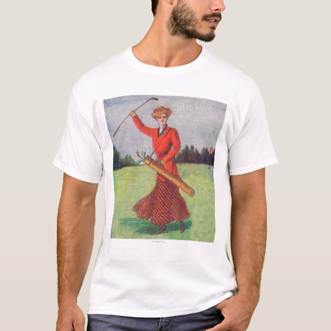 Beskåda av en kvinna i röd golfspel t shirt (Framsida)