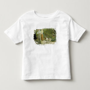 Beskåda av konstnärens trädgård med hans dött t shirt