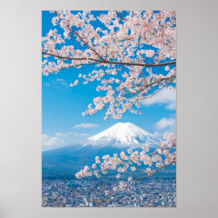 Beskåda av Mount Fuji med körsbärsröda blommar Poster