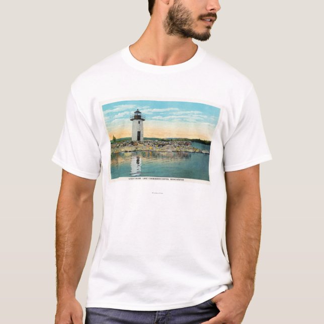 Beskåda av sjön Cobbosseecontee och fyren T Shirt (Framsida)