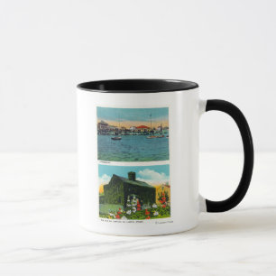 Beskåda av strand, gammal murgrönastuga på frihet mugg