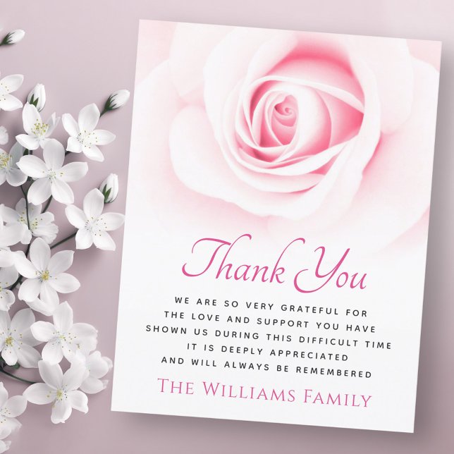Beskattning av rosa ros tack för ditt kort (Pink rose funeral sympathy thank you card)