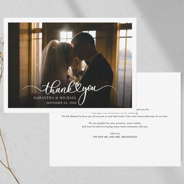 Beskrivna Bröllop-fototackkort för budget Anteckningskort (Wedding Photo Script Thank You Note Card)
