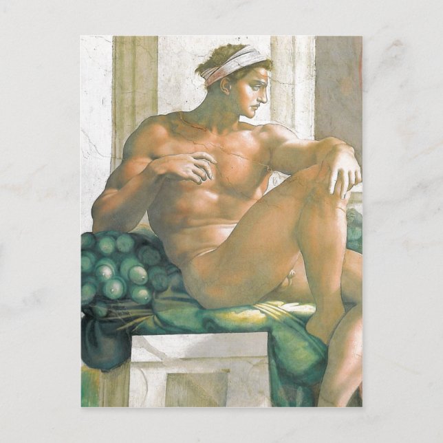 Beskrivning av Michelangelo och hans fresco Vykort (Framsida)