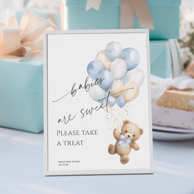 Beskrivningsskylt för Blue Barly Wait Pojke Shower Poster (Blue Bearly wait, Baby Boy Shower Favor Sign.)