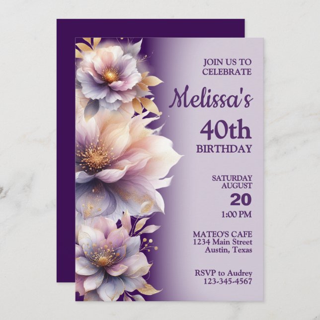 BeSnyel Pastel Flowers Födelsedagsfest inbjudan (Fram/baksida)