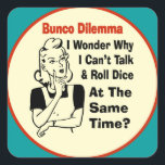 Besnyt Bunco Dilemma med Retro Woman Fyrkantigt Klistermärke<br><div class="desc">En underlig retro-kvinna i stil har en Bunco Dilemma. Hon funderar på varför hon inte kan kasta dice och prata samtidigt. Vissa spelare har talangen där de kan slänga dice och prata samtidigt. Lustigt Bunco-gåva,  helgdag-gåva,  värdinna-gåva,  födelsedagspresent eller pris.</div>