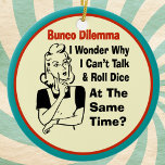 Besnyt Bunco Dilemma med Retro Woman Julgransprydnad Keramik<br><div class="desc">En underlig retro-kvinna i stil har en Bunco Dilemma. Hon funderar på varför hon inte kan kasta dice och prata samtidigt. Vissa spelare har talangen där de kan slänga dice och prata samtidigt. Lustigt Bunco-gåva,  helgdag-gåva,  värdinna-gåva,  födelsedagspresent eller pris.</div>