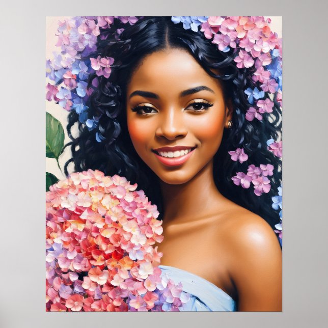 BeSnyval Black Woman Hydrangeas Porträtt Poster (Framsidan)