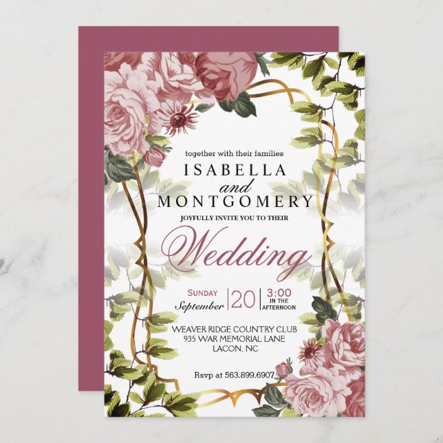 BeSnyve Mauve Blommigt Bröllop Inbjudningar (Fram/baksida)