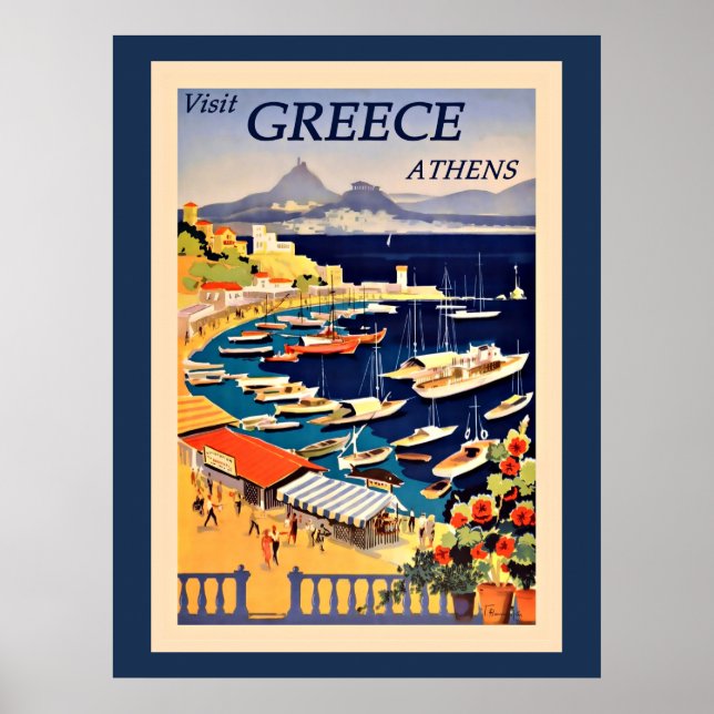 Besök Aten Grekland, poster vintage resor. (Framsidan)