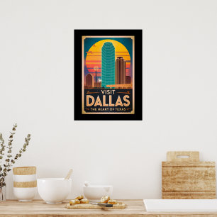 Besök Dallas - Retro Skyline Travel Poster