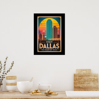 Besök Dallas - Retro Skyline Travel Poster