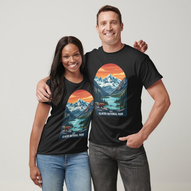 Besök Glacier National Park - Mountain and Bear T Shirt (Unisex)