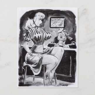 Besök i doktor - Vintage-stift-tecknad-konst Vykort