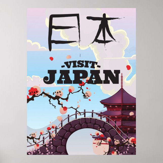 Besök Japan retro reseaffisch. Poster (Framsidan)
