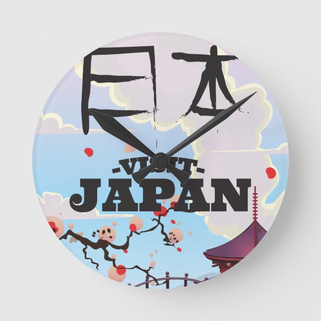 Besök Japan retro reseaffisch. Rund Klocka (Framsida)