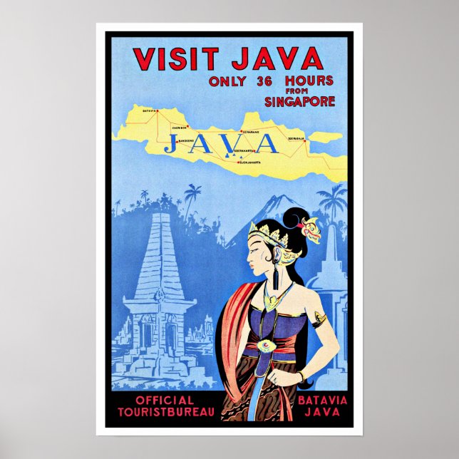 Besök Java Indonesia från Singapore Vintage Poster (Framsidan)