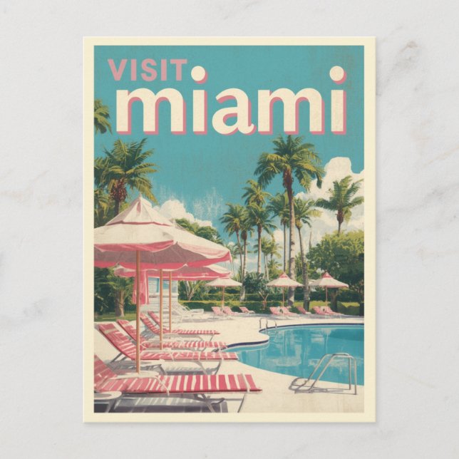 Besök Miami Retro Poolside Travel Art Vykort (Framsida)