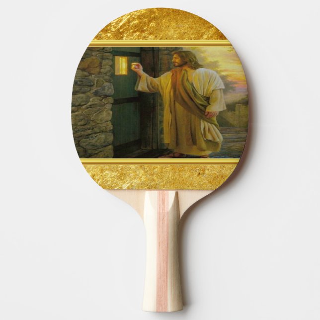Besök på Dawn Jesus som knackar på en Rustic dörr Pingisracket (Framsidan)