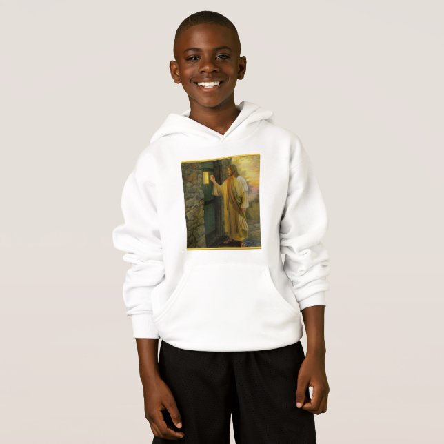 Besök på Dawn Jesus som knackar på en Rustic dörr T-shirt (Hel framsida)