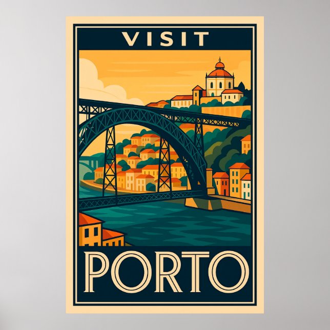 Besök Porto Portugal Retro Travel Poster Art Deco (Framsidan)