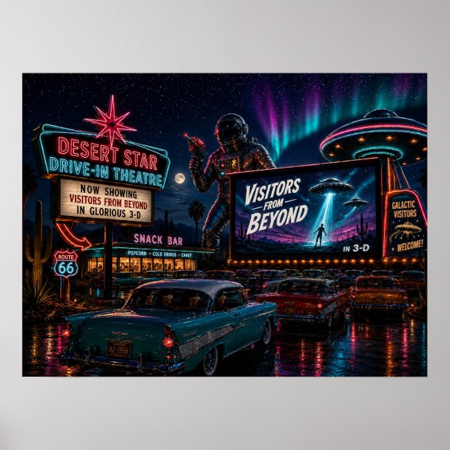 Besökare från bortom Retro Sci-Fi Drive-In Affisch (Framsidan)