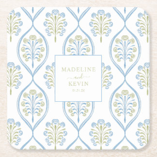 Bespoke Blue and Green Floral Wedding Pattern Underlägg Papper Kvadrat