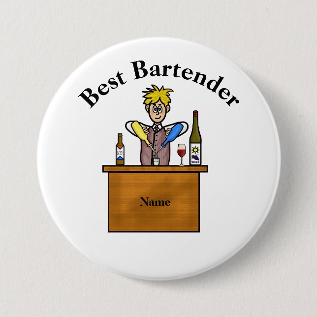 Best Bartender-knapp - Tecknad Male Bartender Knapp (Framsida)