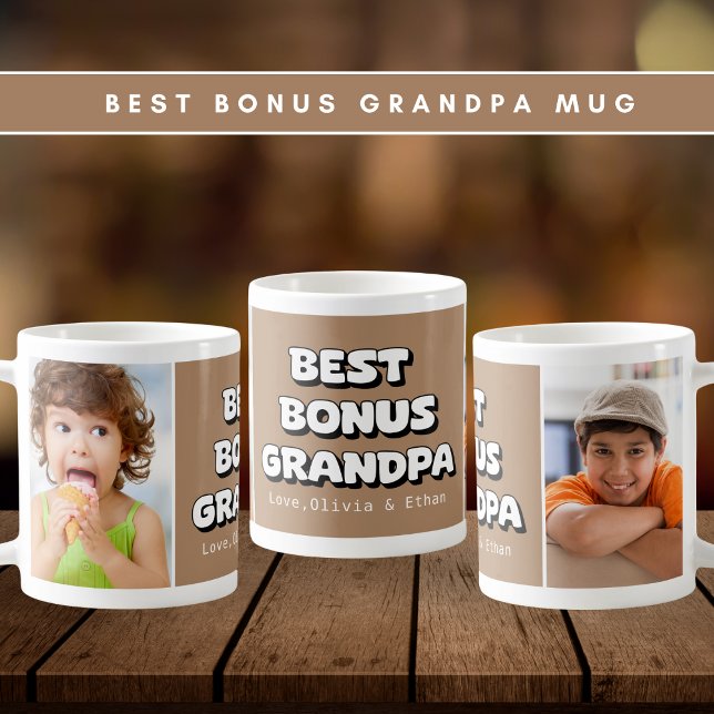 Best Bonus Grandpa Grandchildren 2 Photo Brown Kaffemugg (Skapare uppladdad)