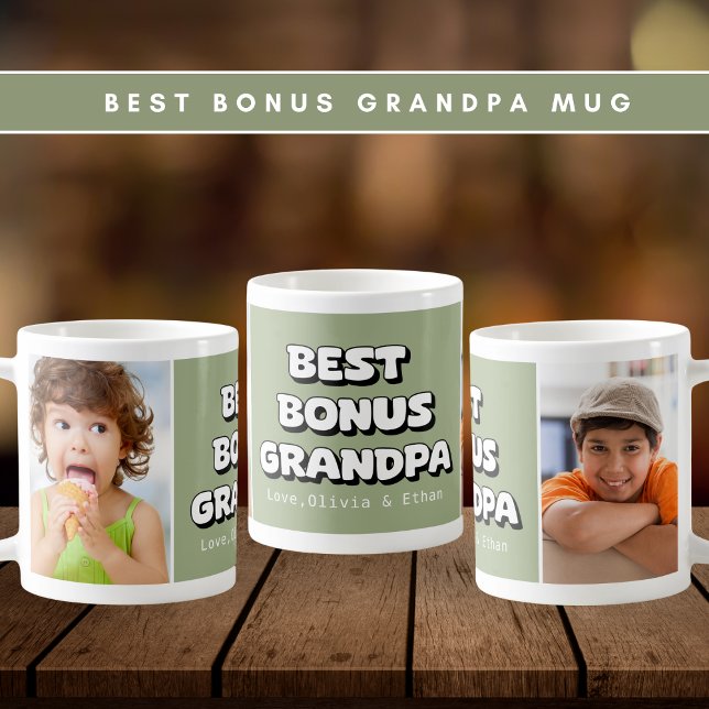 Best Bonus Grandpa Grandchildren 2 Photo Grönt Kaffemugg (Skapare uppladdad)