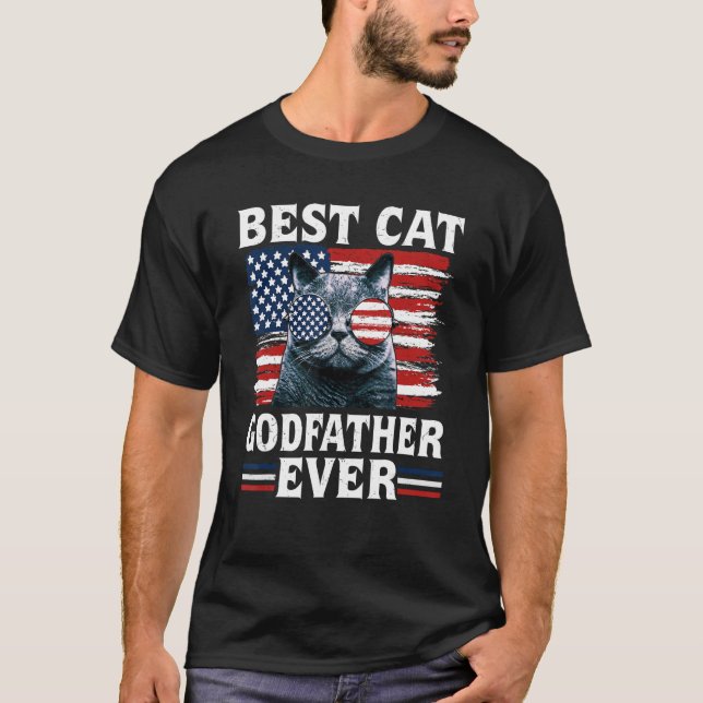 Best Cat Godfather Den amerikanska Flagga Patrioti T Shirt (Framsida)