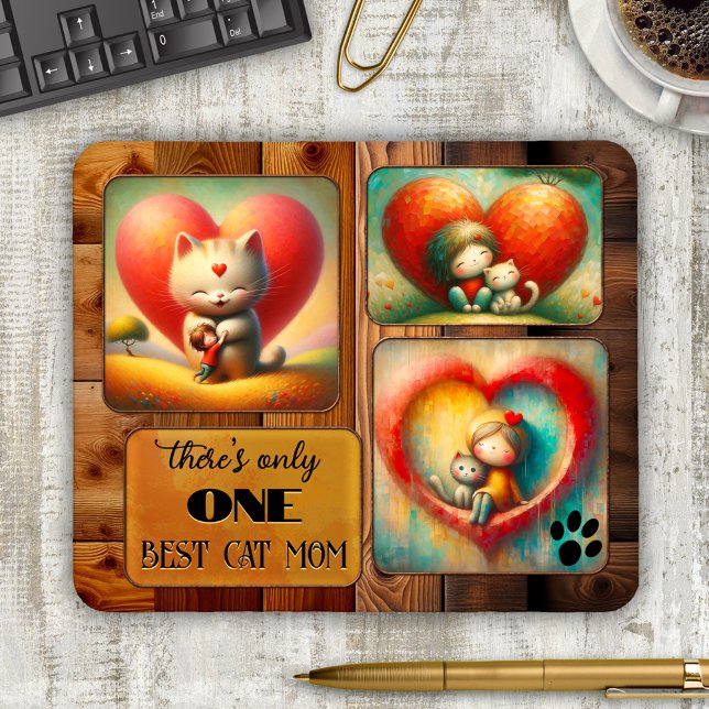 Best Cat Mamma Art eller Photo Musmatta (Cat mom mouse pad featuring 3 colorful cat art works or your photos on an elegant wood design)