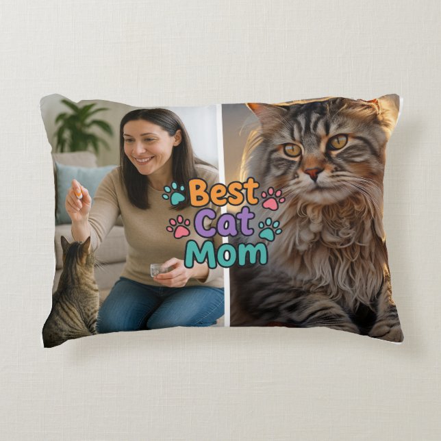 Best Cat Mom Custom Pillow with Two Photos Prydnadskudde (Framsidan)