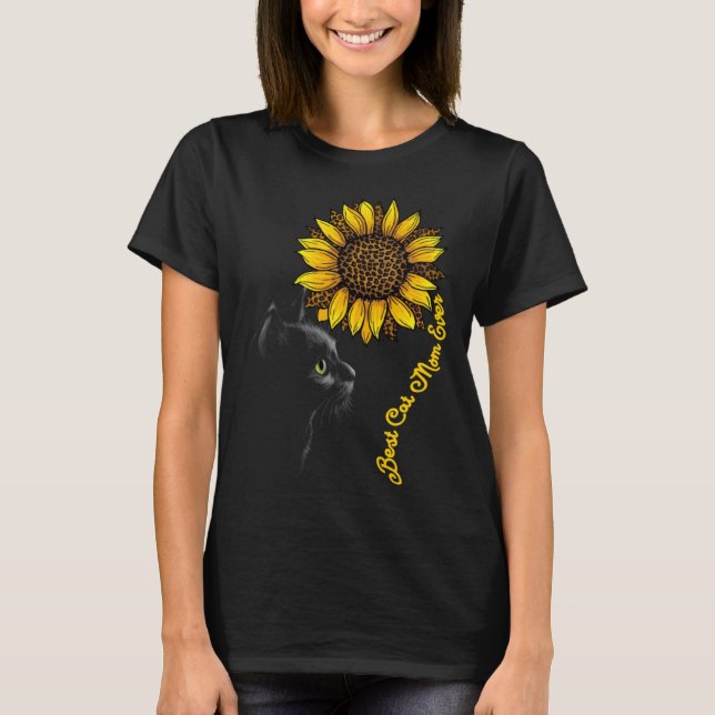 Best Cat Mom Ever Sunflower Leopard  Black Cat Mot T Shirt (Framsida)