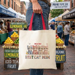 Best Cat Mom Funny Patchwork Personalized Tote Bag Tygkasse<br><div class="desc">Best Cat Mom Funny Patchwork Personalized Tote Bag This white tote bag features a charming patchwork-inspired design created especially for proud cat moms. On the front side, four colorful patchwork cats are displayed above the playful patchwork text “Best Cat Mom.” Above the cats, the design includes a personalized space where...</div>