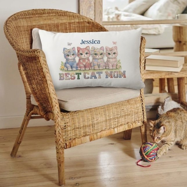 Best Cat Mom Patchwork Funny Personalized Pillow Lumbarkudde (Skapare uppladdad)