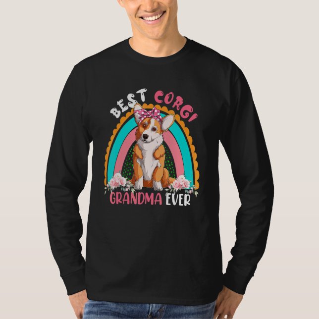 Best Corgi Grandma ever Cute Rainbow Flowers Hund T Shirt (Framsida)