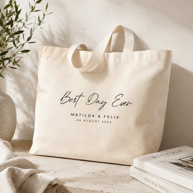 Best Day Ever Minimalist Clean Simple Wedding Day Jumbo Tygkasse (Personalized wedding tote bag with couple names and date for Best Day Ever gifting.)