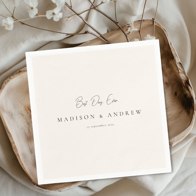 BEST DAY EVER! Modern, Minimal, Beige, Wedding Pappersservett (Custom BEST DAY EVER! Modern Minimal Beige Wedding Napkins with your names, date & text.)