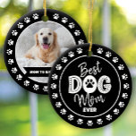Best Dog Mom Ever Custom Photo Black White Type<br><div class="desc">“Best Dog Mom Ever.” Every day is better with your best friend by your side. The front sports fun, white typography and handwritten white script with a playful border of white paw prints on a black circle. The back showcases your dog’s custom photo, their name and more paw prints. Surprise...</div>