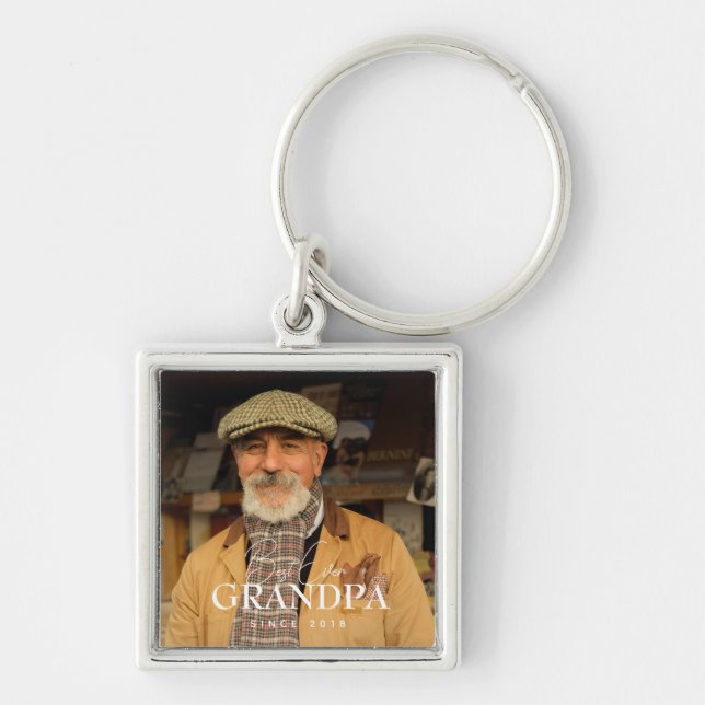 Best Ever Grandpa Since 20XX Simple Elegant Photo Fyrkantig Silverfärgad Nyckelring (Framsidan)