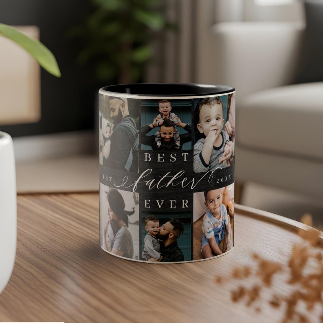 Best Far någonsin Black Woodgrain Photo Collage Två-Tonad Mugg (Best Father Ever Black Woodgrain Photo Collage Two-Tone Coffee Mug)