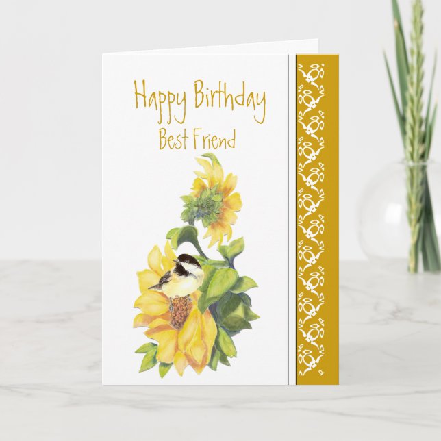 Best Friend Birthday Poem Chickadee & Sunflowers C Kort (Framsida)
