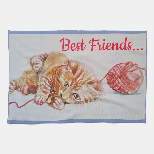 Best Friend Cute Cat Tabby Art Kitchen Tea Towel Kökshandduk (Horisontell)