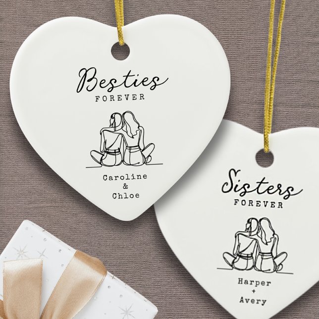 Best Friend Line Art Personalized Names Keepsake Julgransprydnad Keramik (Best Friend Ornament Personalized Custom Names Friendship Gift Minimalist Line Art Sisters Ornament)