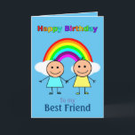 Best Friend Rainbow Personlig Birthday Kort<br><div class="desc">Bästa vänner-kortet i grattis på födelsedagen. "Grattis på födelsedagen" i färgad, under den där stora, ljusa regnbåge med två vita fluffa moln. Två bästa vänner som håller händer, en i blå klänning en i en gult klänning, båda med stora lycklig-leenden på ansikte. Under blå text står "Bästa vänner". Allt detta...</div>