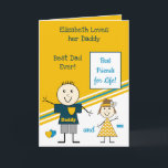"Best Friends for Life Pappa and me gult blue" Kort<br><div class="desc">Anpassa kortet till Fars dag eller en födelsedag. Designad med stick figurer - pappa och en liten flicka. Designad i vitt,  gult och blått. "namn/kärlek,  hennes pappa" "bästa pappa någonsin" "bästa vänner för livet" "pappa och mig" Min pappa är fantastisk. Bästa pappa i världen.</div>