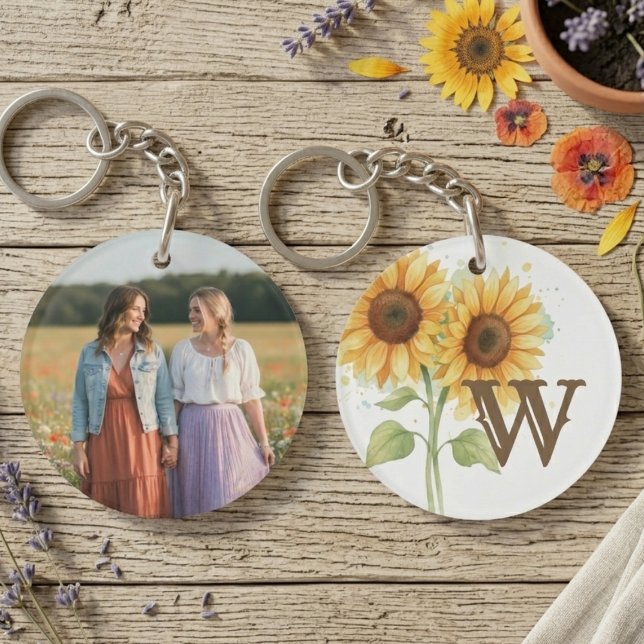 Best Friends Keychain - Watercolor Sunflowers (Sunflower initial photo keychain)