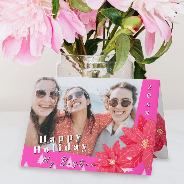 Best Friends Poinsettia Happy Holiday Photo Pink Kort (Skapare uppladdad)
